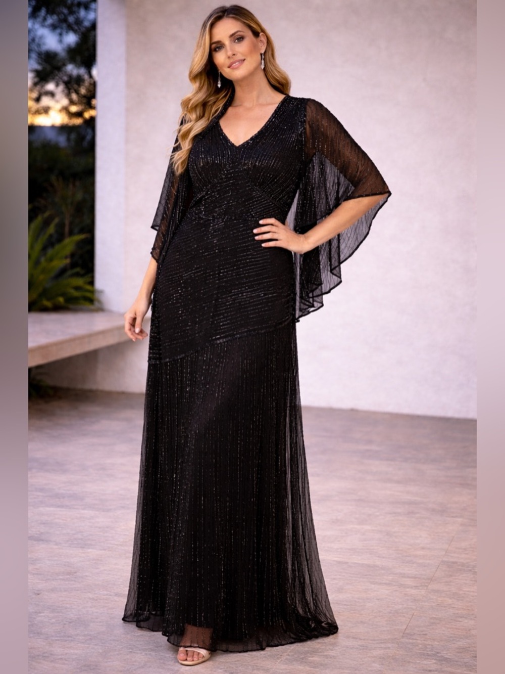 Vintage Roaman’s Black 100% Silk Beaded Maxi Evening Dress w/ Scarf Plus